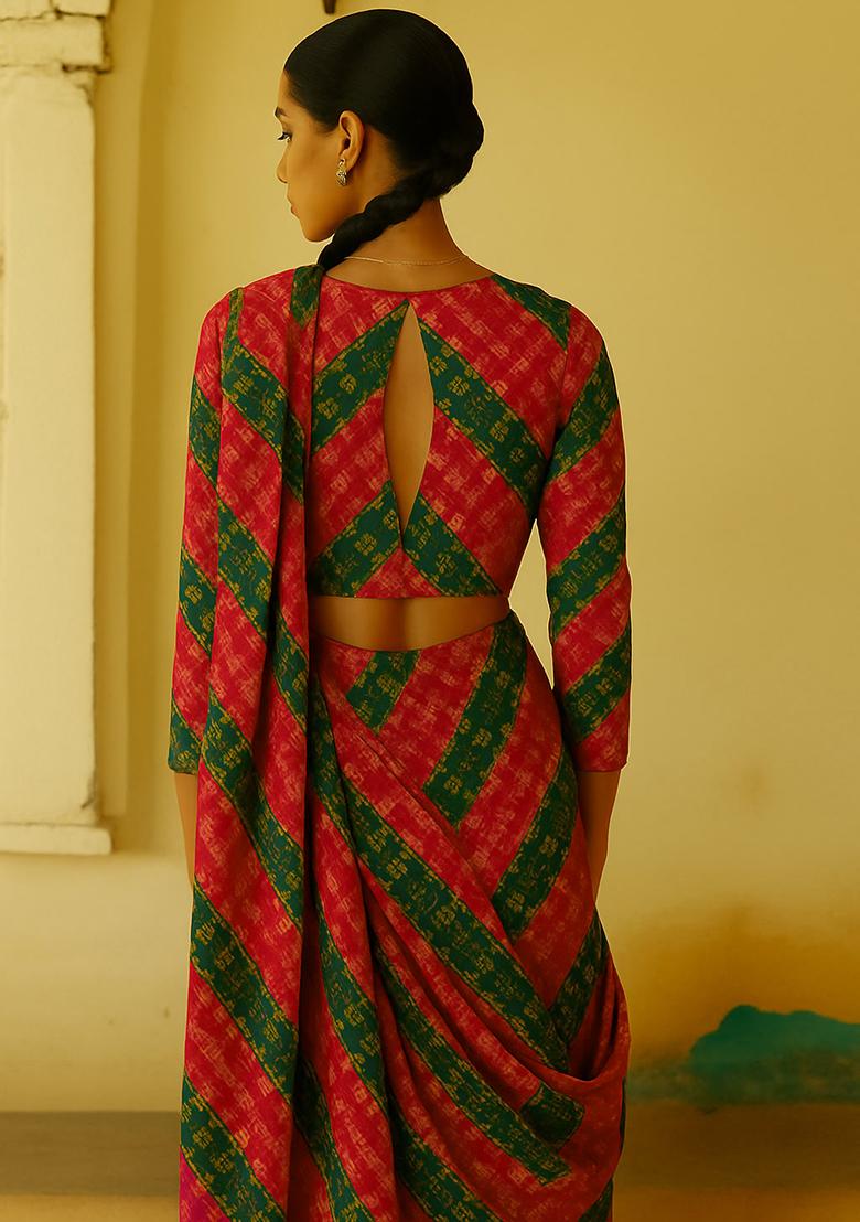 Pink And Green Chiffon Bandhani Printed Fusion Set - Indya