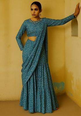 Blue Chiffon Leaf Printed Fusion Set