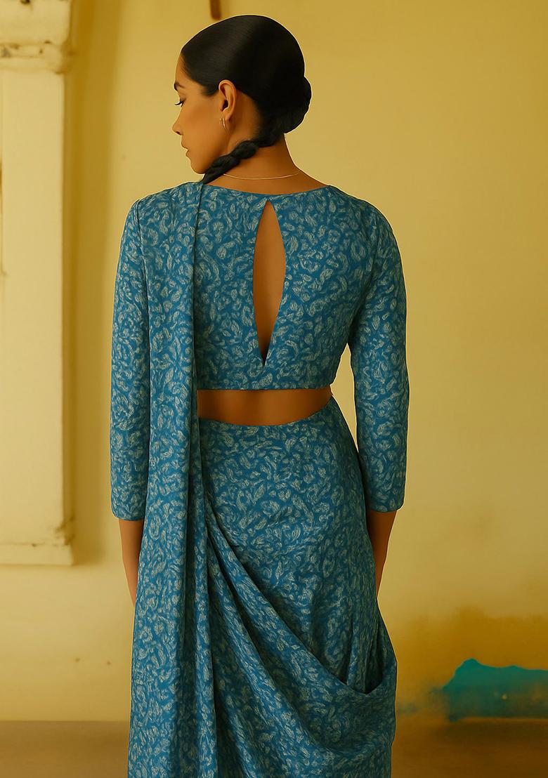 Blue Chiffon Leaf Printed Fusion Set - Indya