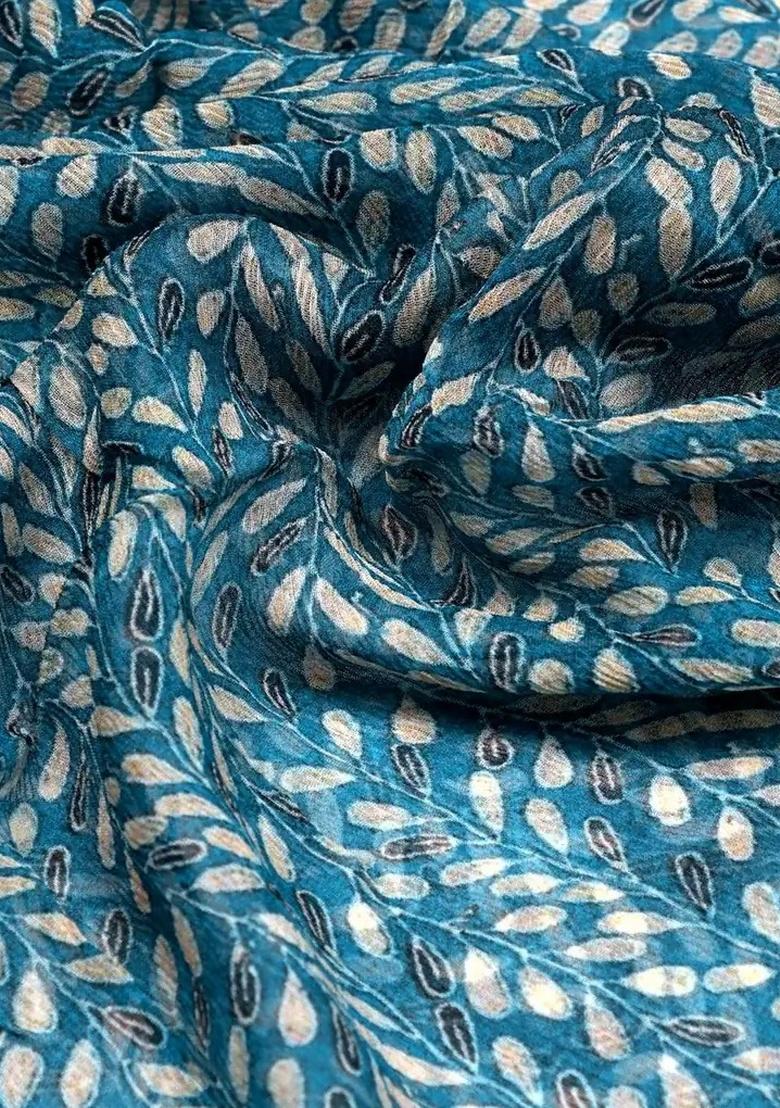 Blue Chiffon Leaf Printed Fusion Set - Indya