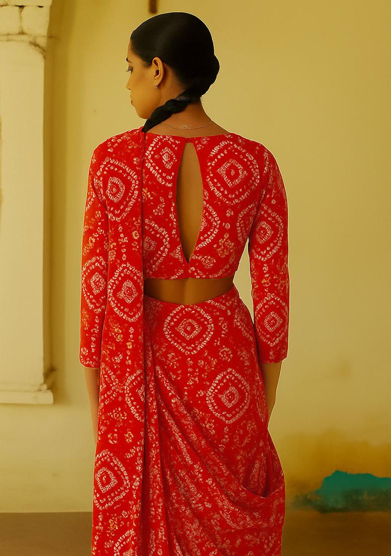 Red Chiffonbandhani Printed Fusion Set - Indya