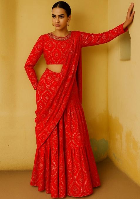 Red Chiffonbandhani Printed Fusion Set