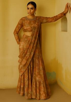 Brown Chiffon Floral Printed Fusion Set