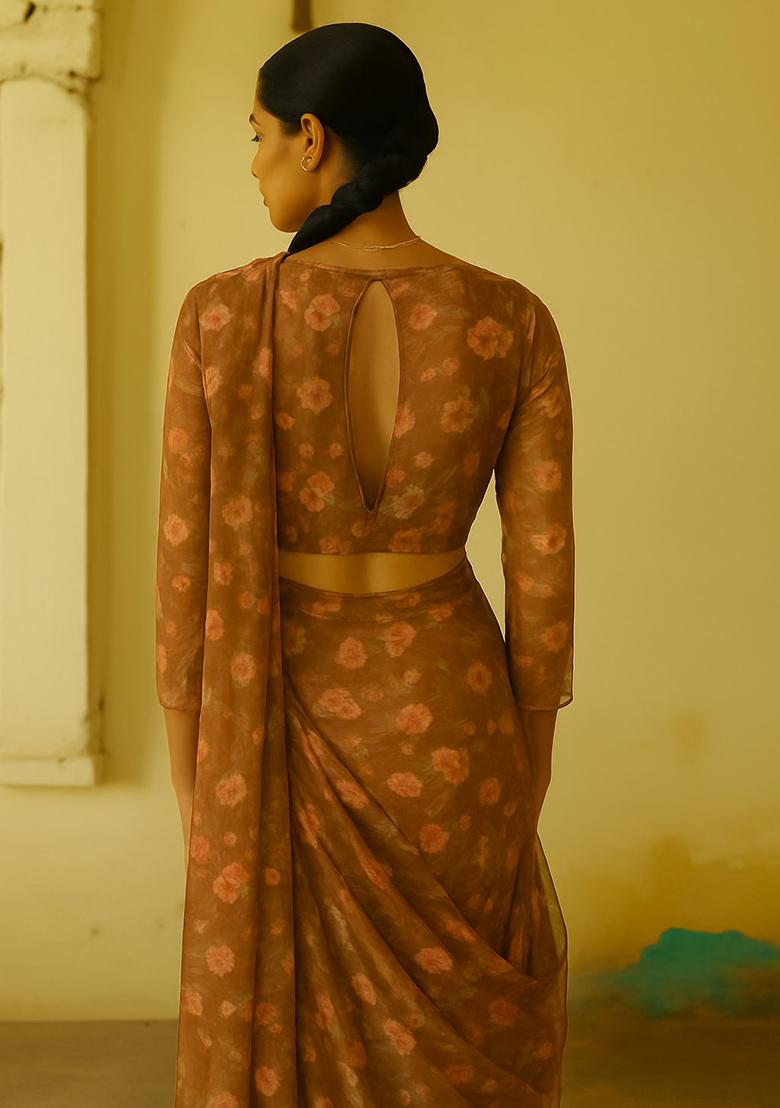Brown Chiffon Floral Printed Fusion Set - Indya