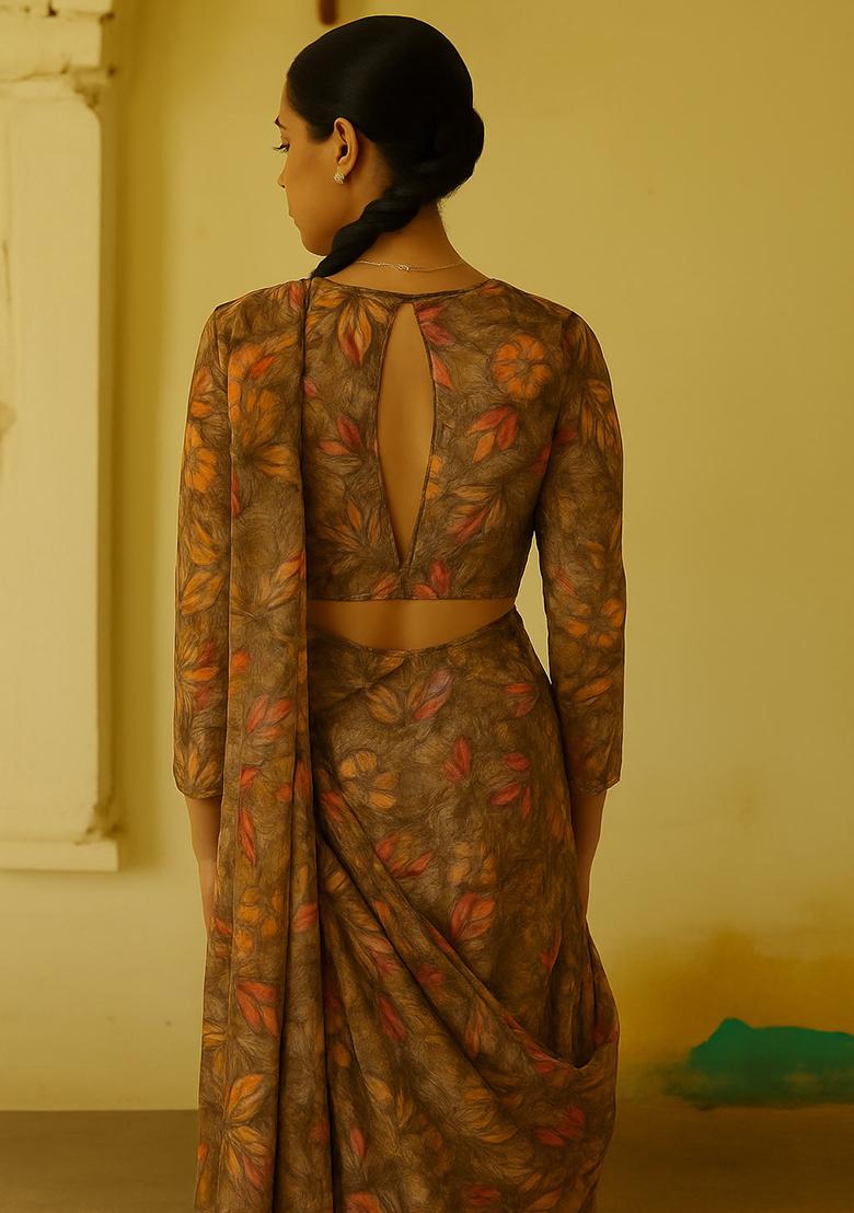 Brown Chiffon Leaf Printed Fusion Set - Indya
