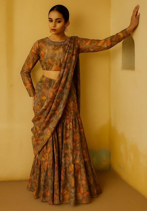 Brown Chiffon Leaf Printed Fusion Set