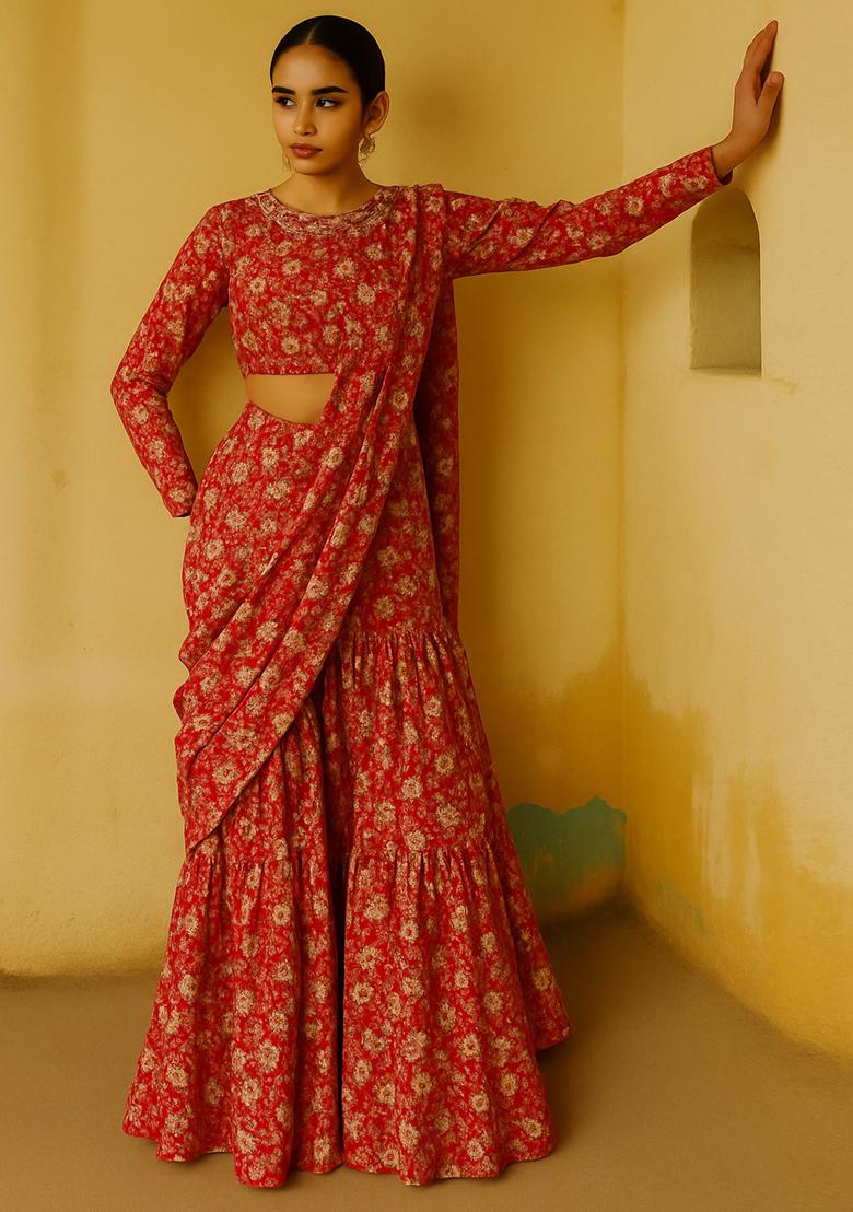 Red Chiffon Floral Printed Fusion Set - Indya