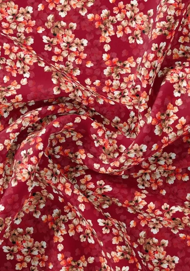 Red Chiffon Floral Printed Fusion Set - Indya