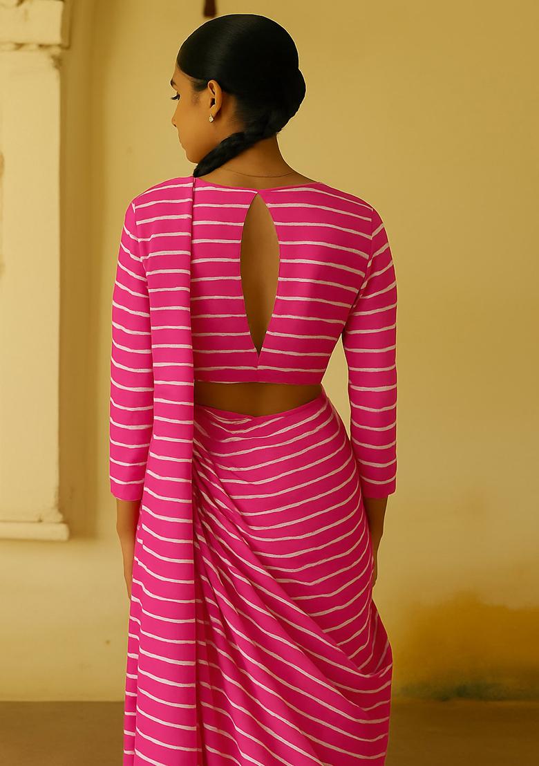 Pink Chiffon Striped Fusion Set - Indya
