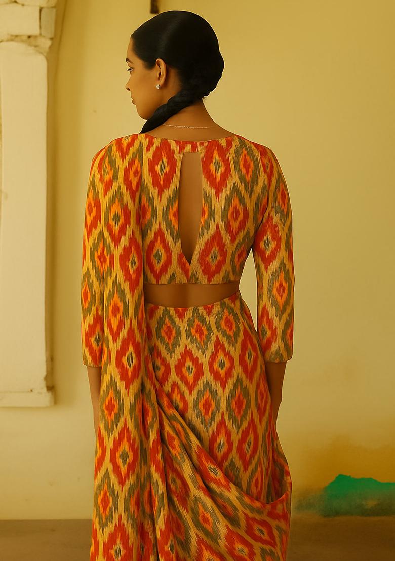 Multicolor Chiffon Ikat Printed Fusion Set - Indya