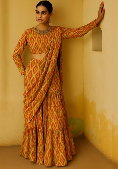 Multicolor Chiffon Ikat Printed Fusion Set