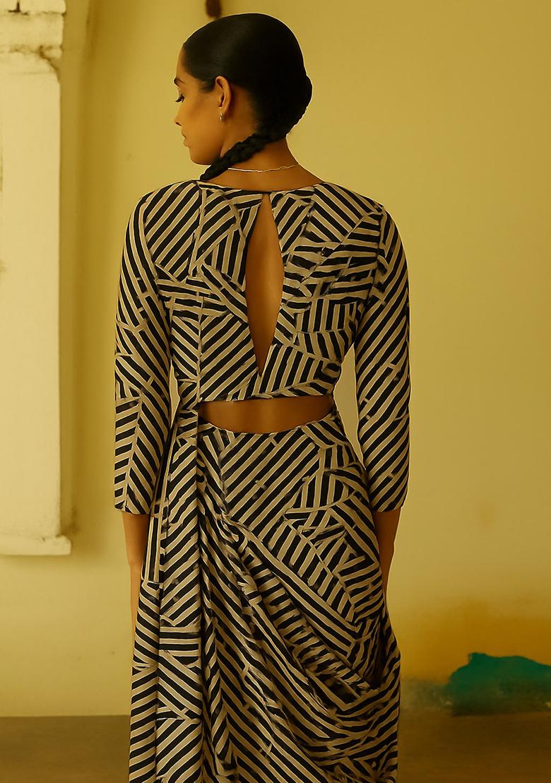 Black And White Chiffon Striped Fusion Set - Indya