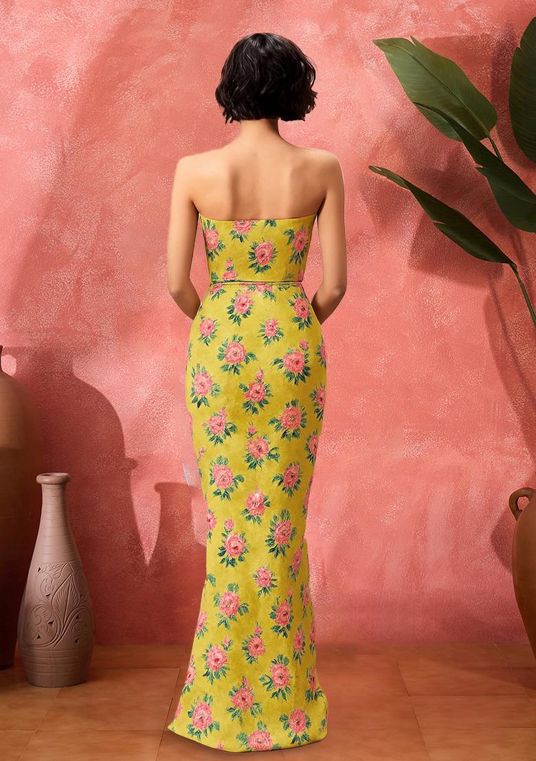 Yellow Satin Floral Printed Fusion Set - Indya