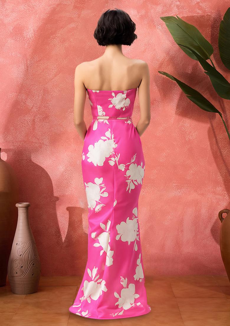 Pink Satin Floral Printed Fusion Set - Indya