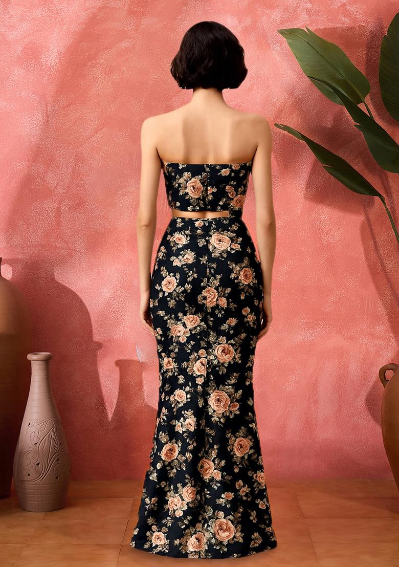 Navy Blue Satin Floral Printed Fusion Set - Indya