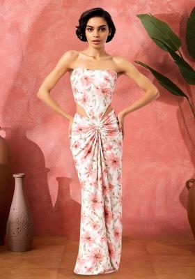 White Satin Floral Printed Fusion Set