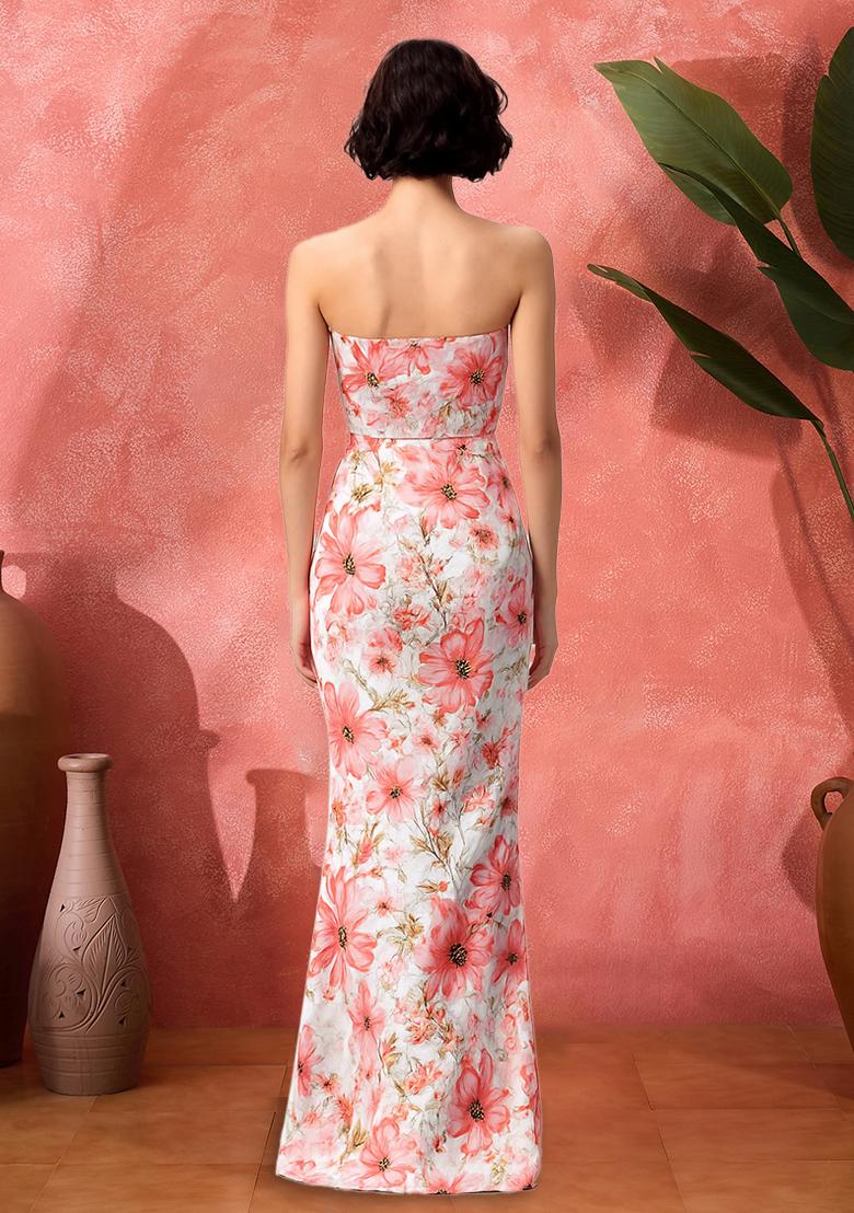 White Satin Floral Printed Fusion Set - Indya