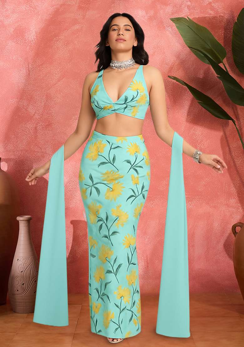 Light Blue Satin Floral Printed Fusion Set - Indya