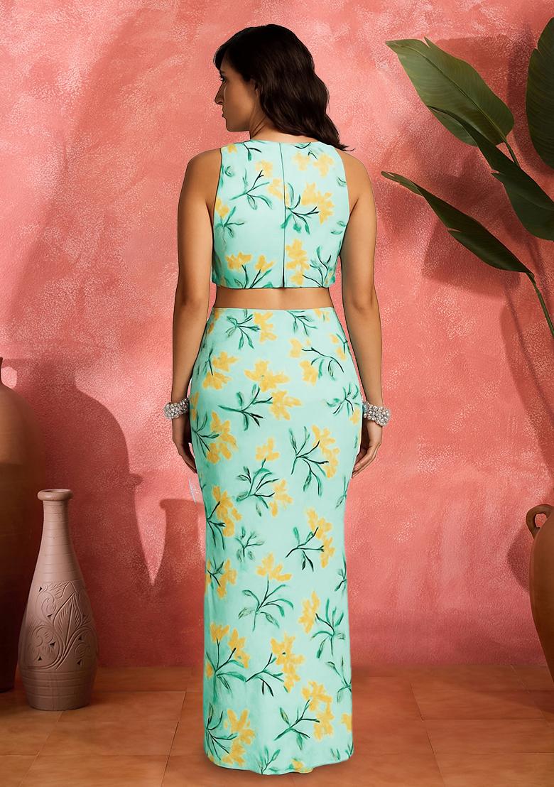 Light Blue Satin Floral Printed Fusion Set - Indya