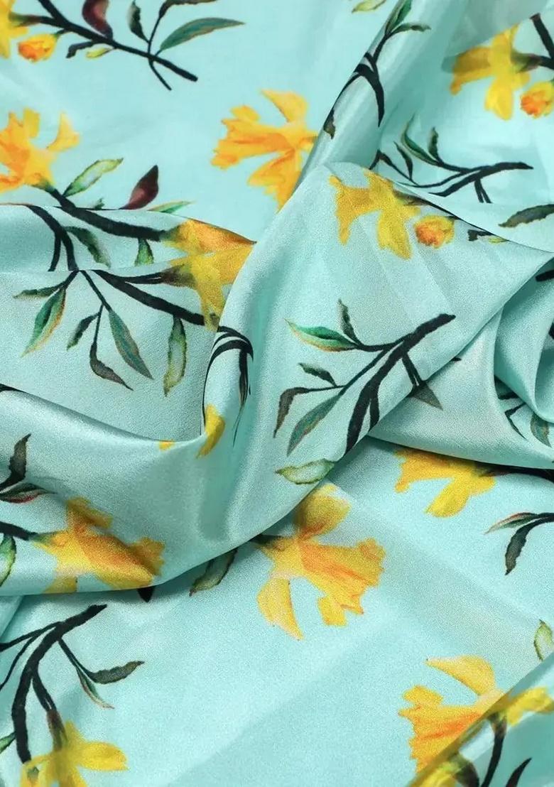 Light Blue Satin Floral Printed Fusion Set - Indya