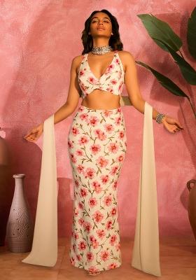 White Satin Floral Printed Fusion Set