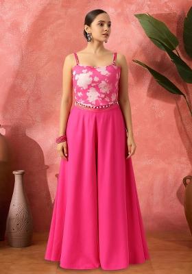 Pink Satin Floral Printed Fusion Set