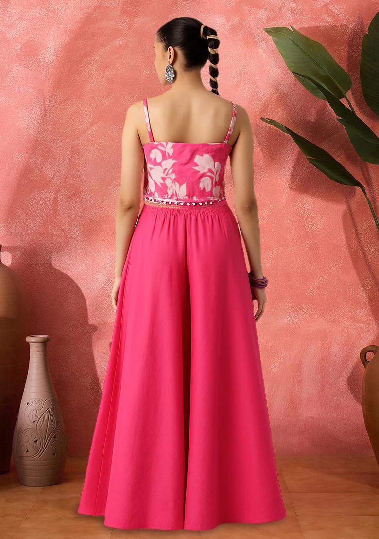 Pink Satin Floral Printed Fusion Set - Indya