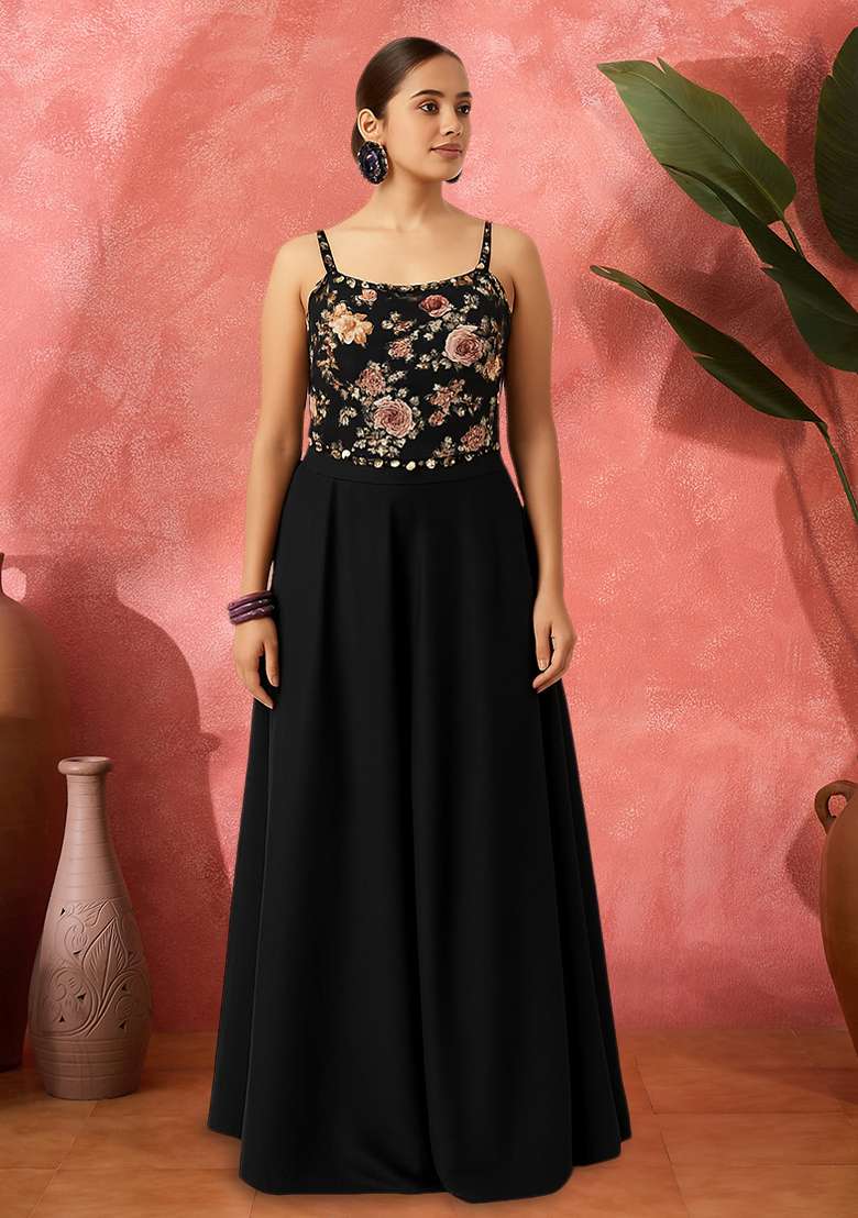 Black Satin Fusion Set with Floral Printed for Diwali | Wedding & Festive Wear - Indya