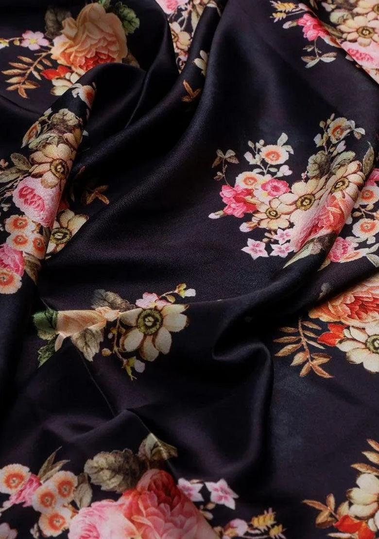 Black Satin Floral Printed Fusion Set - Indya