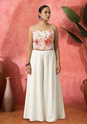 White Satin Floral Printed Fusion Set