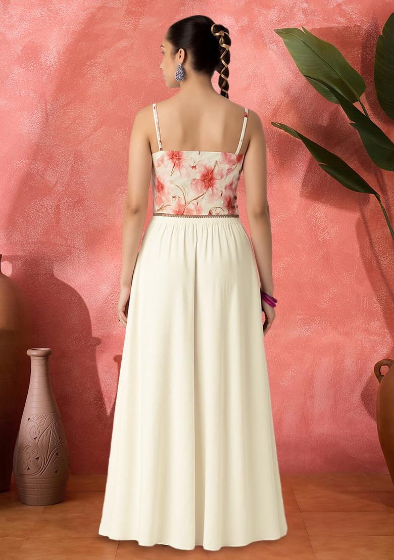 White Satin Floral Printed Fusion Set - Indya