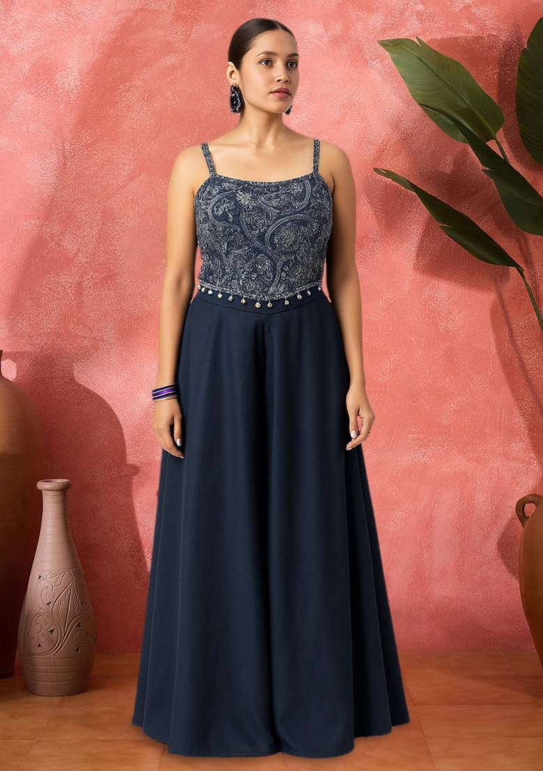 Blue Paisley Satin Fusion Set with Printed for Diwali | Wedding & Festive Wear - Indya