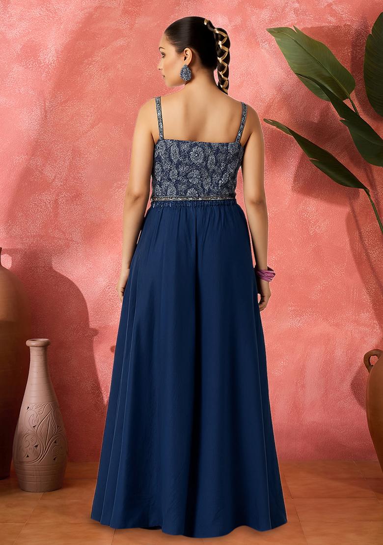 Blue Satin Paisley Printed Fusion Set - Indya