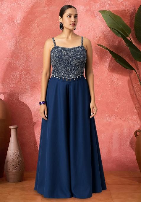 Blue Satin Paisley Printed Fusion Set