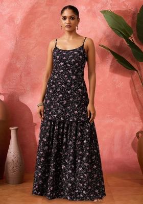 Black Organza Floral Printed Short Kurta With Skirt 