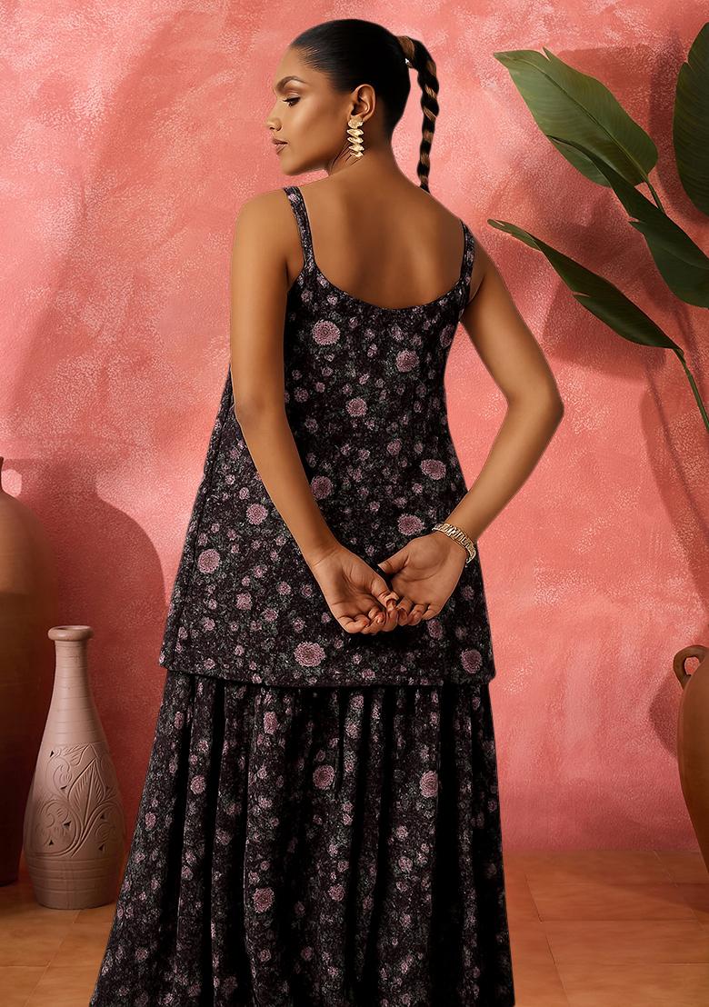Black Organza Floral Printed Short Kurta With Skirt  - Indya