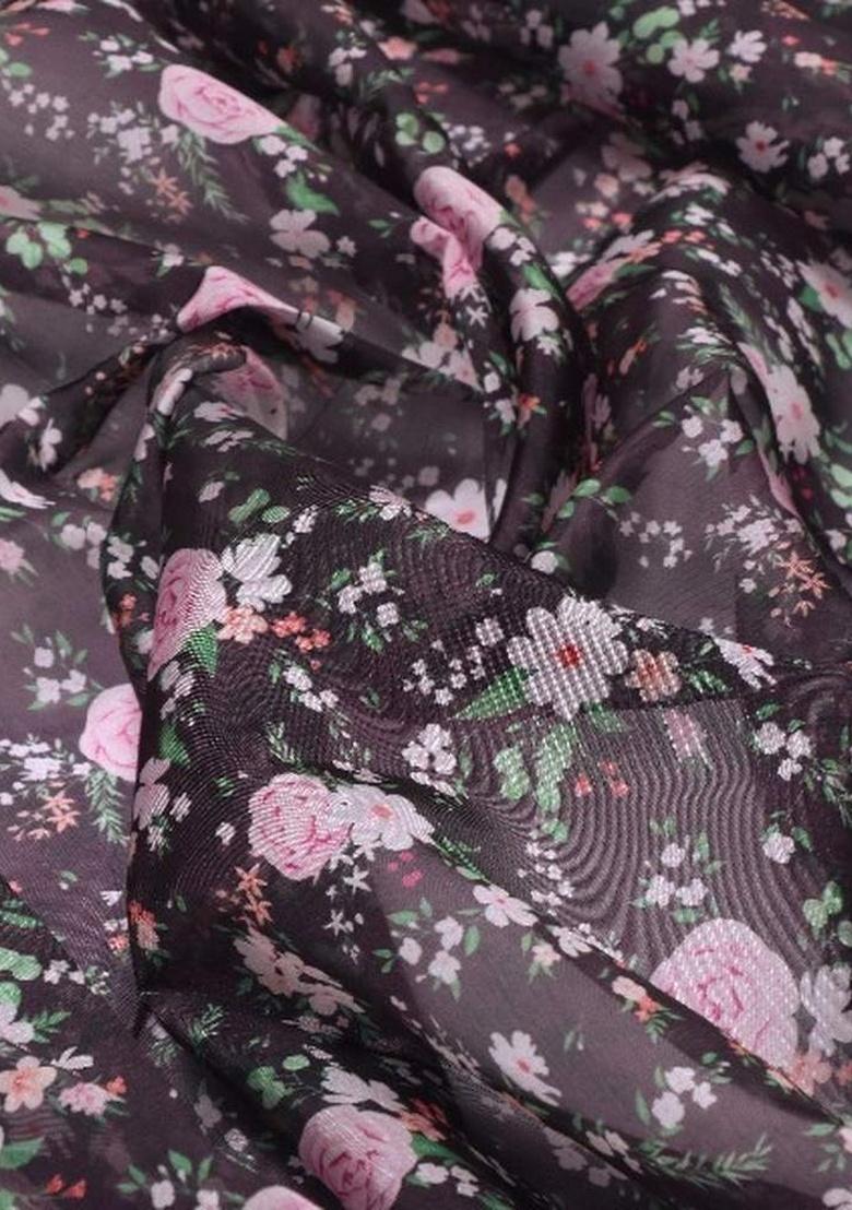 Black Organza Floral Printed Short Kurta With Skirt  - Indya