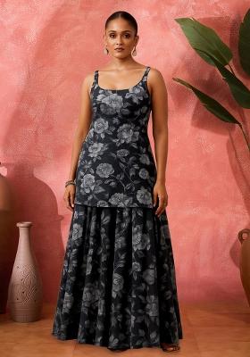 Black Organza Floral Printed Short Kurta With Skirt