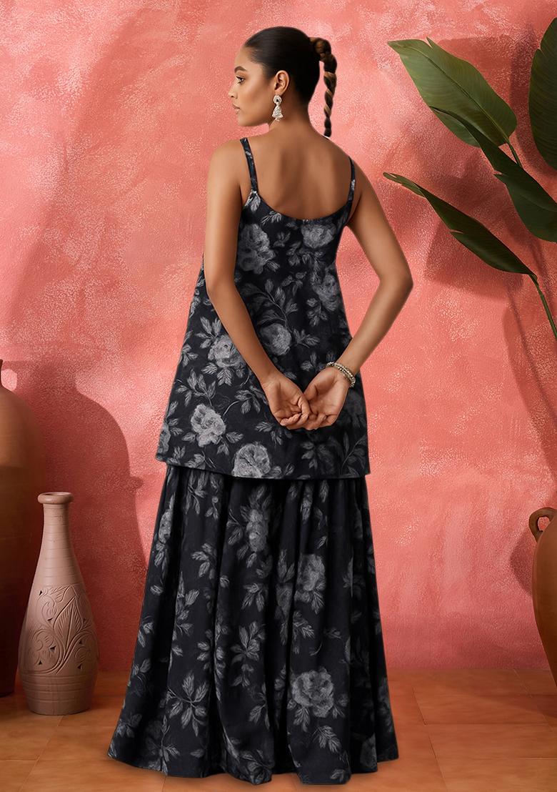 Black Organza Floral Printed Short Kurta With Skirt - Indya