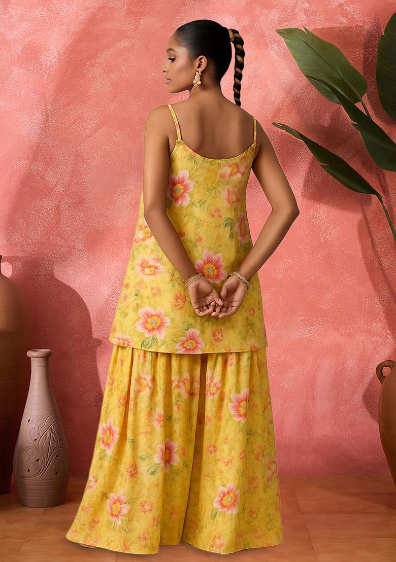 Yellow Organza Floral Printed Short Kurta With Skirt  - Indya