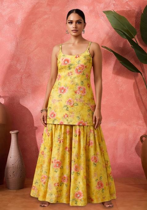 Yellow Organza Floral Printed Short Kurta With Skirt 