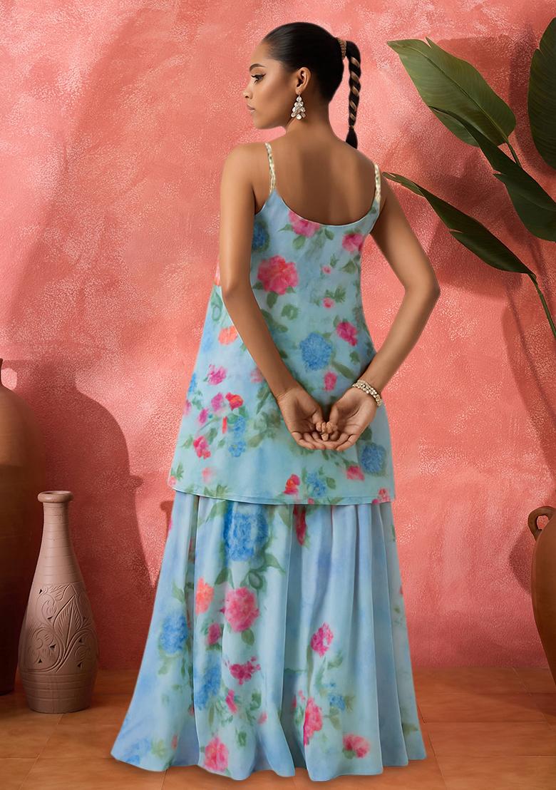 Light Blue Organza Floral Printed Short Kurta With Skirt  - Indya