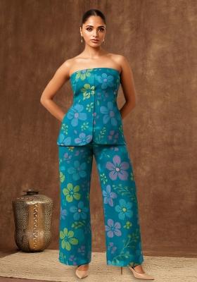 Teal Blue Organza Floral Printed Fusion Set