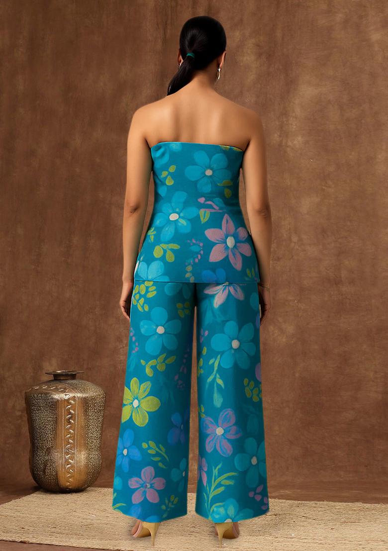 Teal Blue Organza Floral Printed Fusion Set - Indya