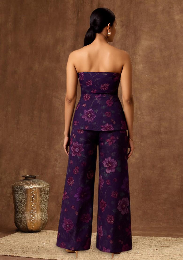 Purple Organza Floral Printed Fusion Set - Indya