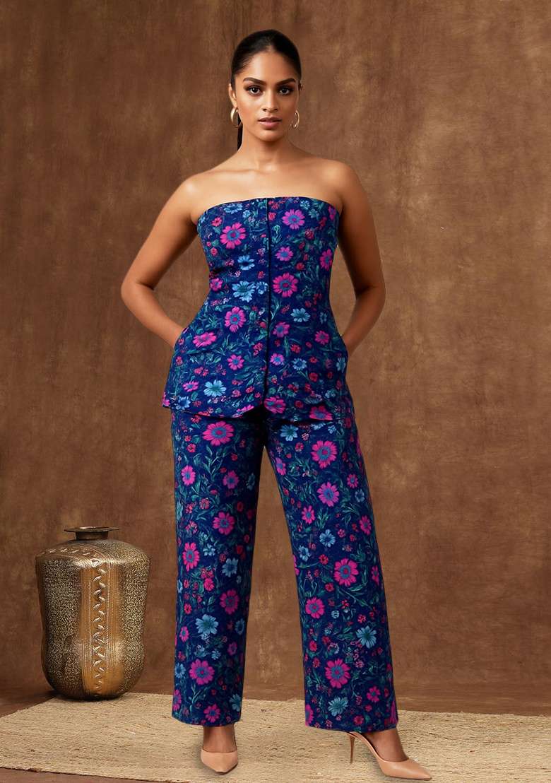 Blue Organza Floral Printed Fusion Set for Diwali and Festive Wear - Indya