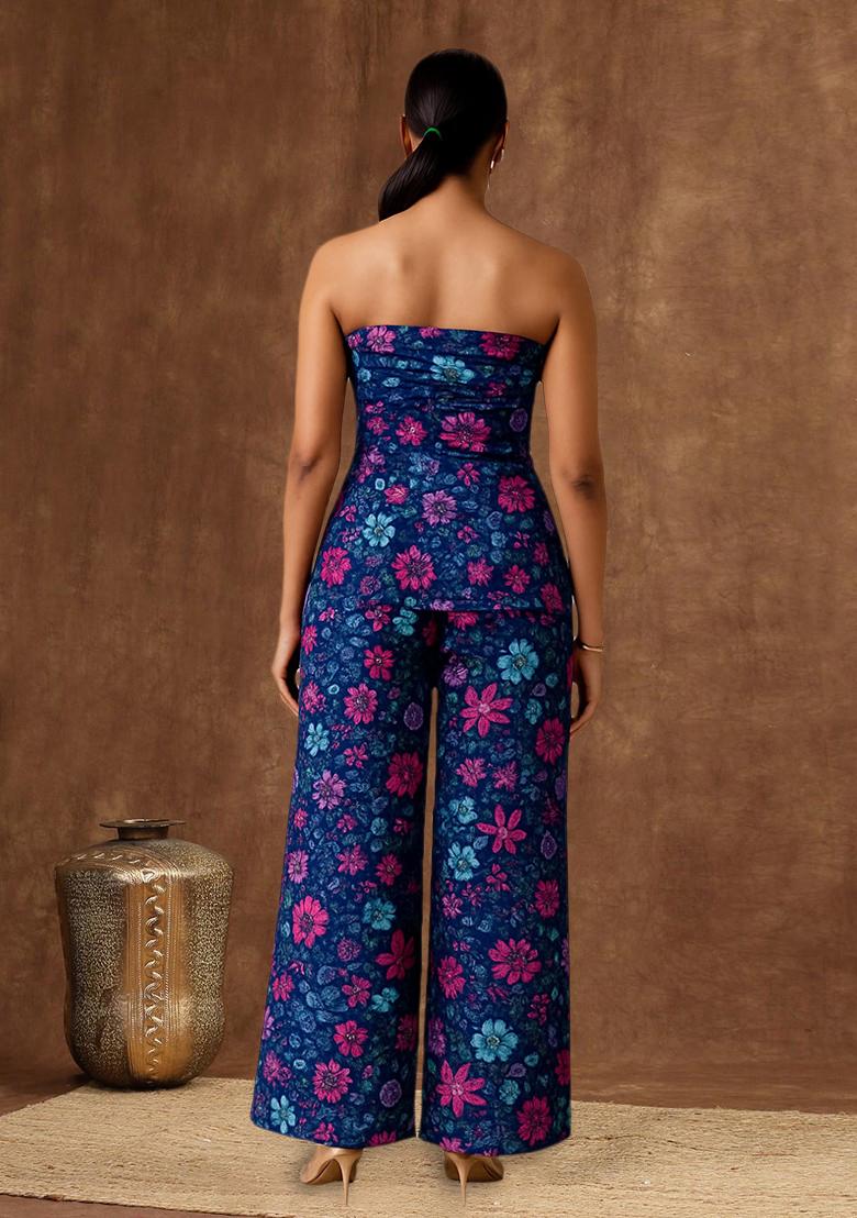 Blue Organza Floral Printed Fusion Set - Indya