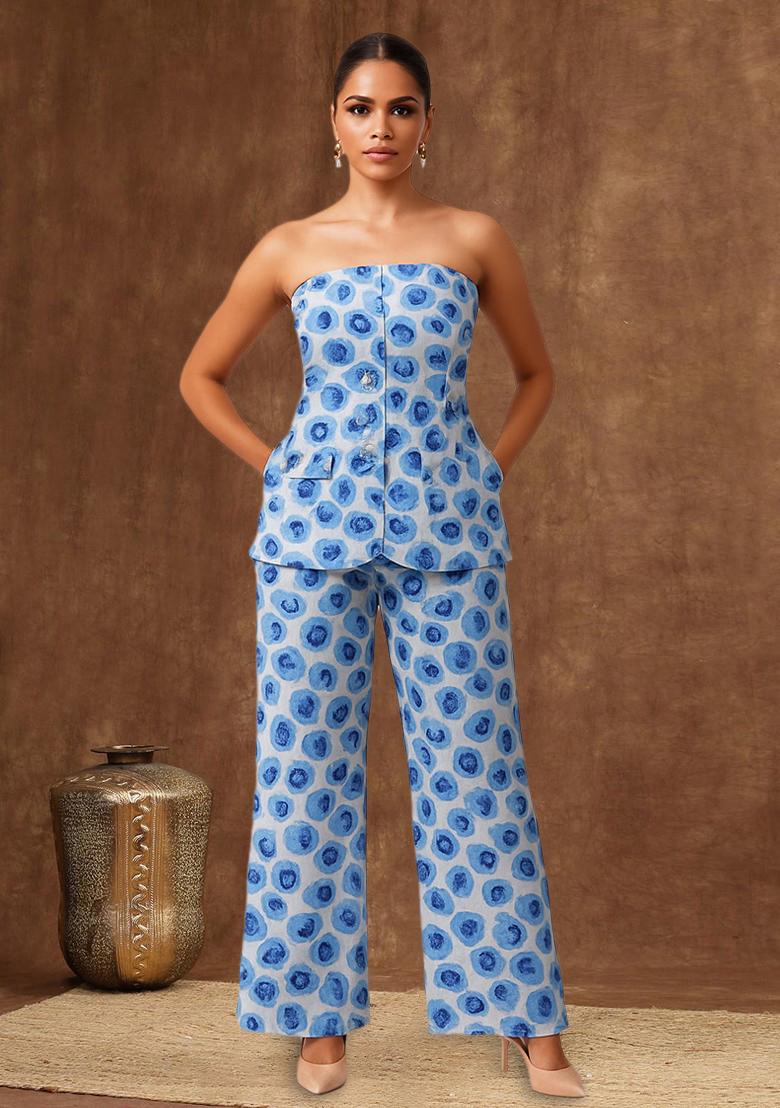 Blue Organza Abstract Printed Fusion Set - Indya