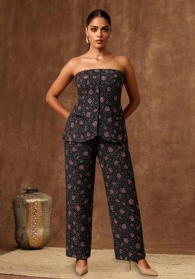 Black Blue Organza Floral Printed Fusion Set