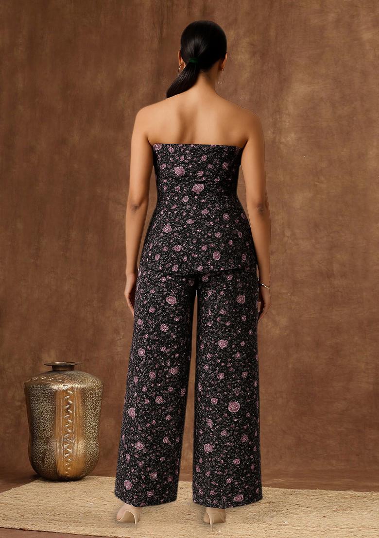 Black Blue Organza Floral Printed Fusion Set - Indya